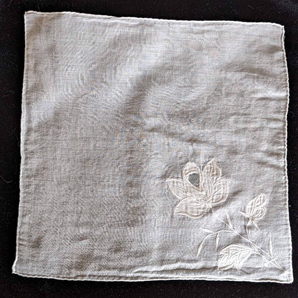 Vintage White Handkerchief with Embroidered White Flower